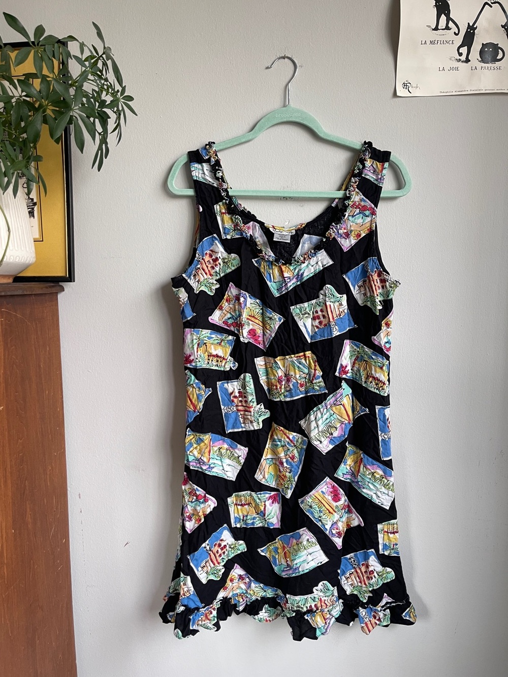 Vintage Black Scenic Tropical Vacation Beaded Sleeveless Mini Summer Sundress